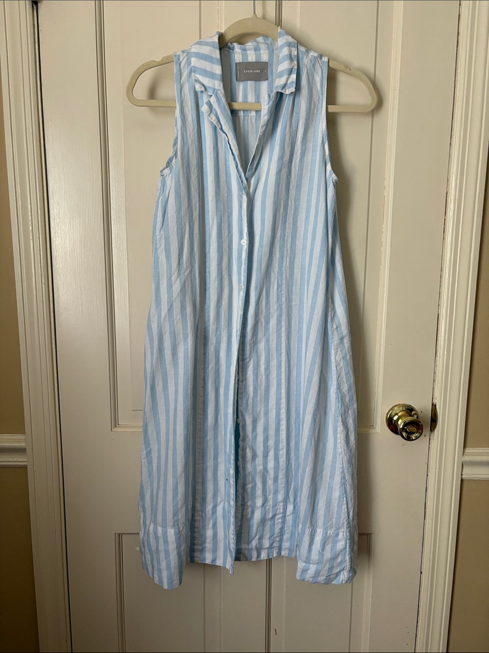 Everlane Light Blue and White Striped Sleeveless Midi Shirt Dress